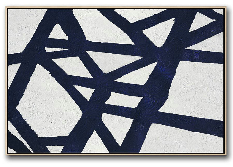 Abstract Painting Extra Large Canvas Art,Horizontal Abstract Painting Navy Blue Minimalist Painting On Canvas,Acrylic Painting On Canvas
